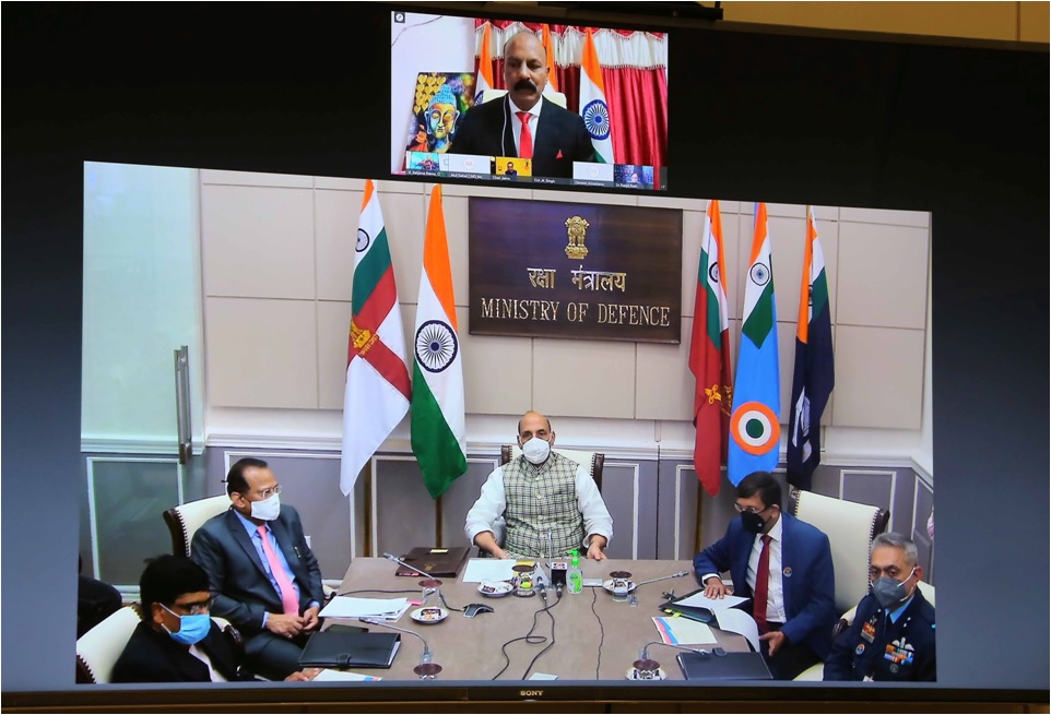 Secy ESW along with  officials of DESW- KSB   with Sh Rajnath Singh, Hon'ble RM  on the occasion of AFFD CSR Webinar , in New Delhi on 04.12.2020.