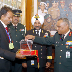 Chief of the Army Staff General Manoj Pande making a contribution to the Armed Forces Flag Day Fund in New Delhi on December 06, 2022 ahead of Armed Forces Flag Day.