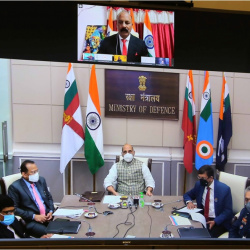 Secy ESW along with  officials of DESW- KSB   with Sh Rajnath Singh, Hon'ble RM  on the occasion of AFFD CSR Webinar , in New Delhi on 04.12.2020.